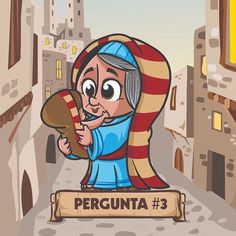 an old woman is holding a hat in front of a sign that says perguna 3