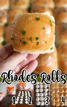 a hand holding up a roll with the words riddles rolls on it and pictures of pastries