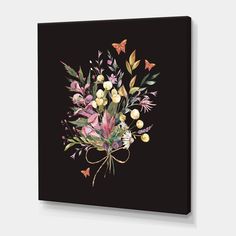 an image of flowers and butterflies on a black background framed canvas print wall art decor