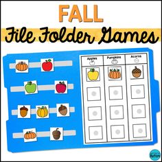 a fall file folder game with pumpkins, apples and acorns on it