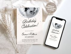 a birthday party card next to an iphone on a white surface with the text happy birthday celebration