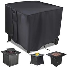 an outdoor fire pit cover is shown with four different sides and three other side tables