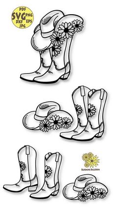 four cowboy boots with flowers on them and the words happy spring written in black ink