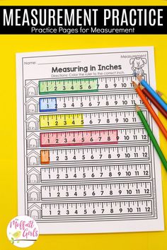 a printable measurement practice sheet with pencils and markers on the table next to it