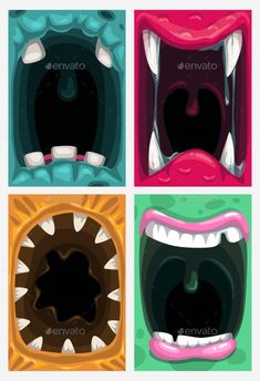 four cartoon monsters with their mouths open and showing teeth - animals characters on separate backgrounds