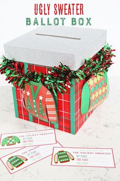 an ugly sweater gift box is shown with its contents