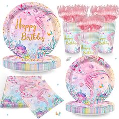 mermaid birthday party supplies including plates, napkins and cups with pink decorations on them