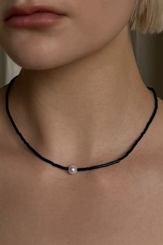 Black glass bead necklace with pearl and 925 silver hardware. Fit One size fits all Composition Beads This product is final sale Diy Black Necklace, Diy Choker, Fantasy Necklace, Beaded Rosary, Necklace With Pearl, Dark Feminine Aesthetic, Rosary Necklace, Bling Rings, Black Necklace