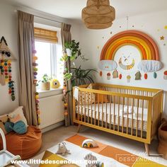 a child's room with a crib and rainbow decorations