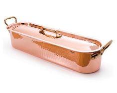 a large copper roasting pan with handles on a white background for use as an appetizer or serving dish