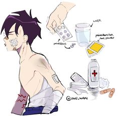 an image of a man with bandages on his face and various medical items around him