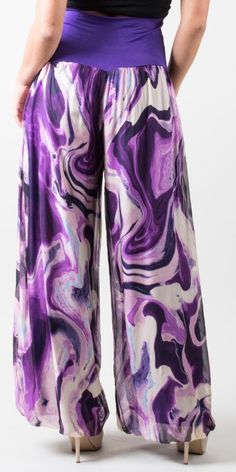 Flowing Marble Print Silk Palazzo Pant with Elastic Waist Band and Balloon Hem. 100% Silk One Size | OS Made in Italy Model 5'8" Palazzo Pant, Marble Print, Palazzo Pants, Waist Band, Aspen, Silk Printing, Elastic Waist, Marble, In Italy