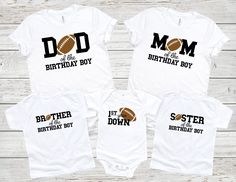 "Have the whole family celebrate the football birthday boy in style with these first birthday shirts! If you're planning a first year down birthday for the birthday boy, then these adorable matching family birthday shirts are a must have for the entire family! ♥ HOW TO ORDER All of my shirts and custom apparel are made just for you and your family! To place your order, simply follow the steps outlined below: 1. Review all of the photos and item details for all options 2. Select the size and shirt option you'd like from the first dropdown 3. Select which design you want from the 2nd dropdown 4. IF personalizing at all, please provide details in the optional personalization text box (example, if you wanted \"mommy\" instead of \"mama\" on the shirt)  5. Add to cart then return back to the li First Birthday Shirt Boy, Birthday Family Shirts, Football First Birthday, Birthday Football, Custom Football Shirts, Football Banner, First Birthday Shirt, Football Birthday Party, Family Birthday Shirts