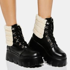 Not Yur Ordinary Lace Up Boots Have A Vegan Leather Construction, Sherpa Faux Fur Detailing, Treaded Soles, And Lace Up Closures. Black Embroidered Boots, Azalea Wang, Colorful Heels, Boot Brands, Moto Boots, Dolls Kill, Lace Up Boots, Black Cream, Chunky Heels