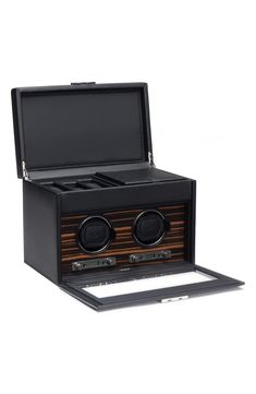 an open black box with two speakers inside