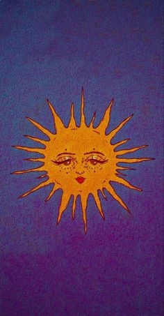 a drawing of the sun with two eyes and one eye open on a purple background