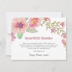 a thank card with pink flowers and greenery on the front, reads heartfelt thanks