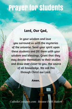 a person standing in a field with the words prayer for students lord, our god