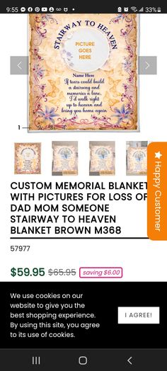 an ad for the memorial blanket with pictures on it and text that reads, $ 69 99