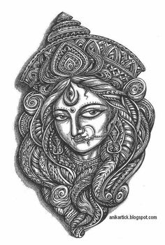 a drawing of a woman's face with intricate designs on her head and shoulders