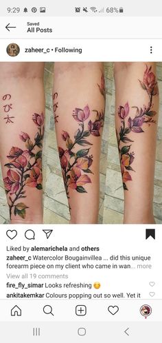 some flowers on the leg and one is in blooming with pink petals, while another has