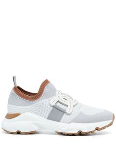 mesh panelled slip-on sneakers from TOD'S featuring grey, leather, mesh panelling, panelled design, round toe, pull-tab at the heel and chunky rubber sole. Tods Shoes, White Leather Sneakers, Balenciaga Triple S, Puma Fierce Sneaker, Sneakers Grey, Ribbon Trim, Nike Huarache, Designer Sneakers, Grey Leather