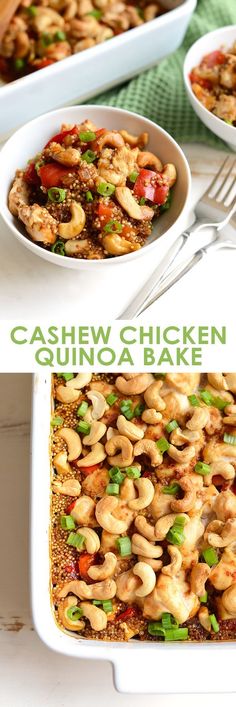 cashew chicken quinoa bake in a white casserole dish