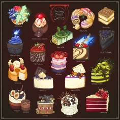 an image of many different types of cakes and desserts on a black background with white border