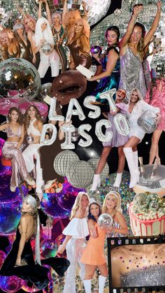 the collage shows many different women in costumes and disco balls, with one woman holding a cake