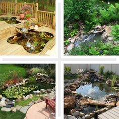 four different views of a garden pond