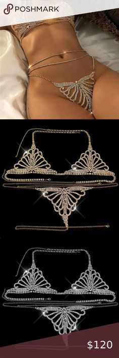 NEW Sparkling Bling Swarovski Crystal Bikini Body Chain Bra Top & Thong Set Body Chain Bra, Bling Gifts, Bling Things, Bra Top, Clear Rhinestones, Bra Tops, Crystal Rhinestone, Swarovski Crystal