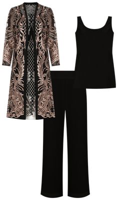 R & M Richards 3/4 Sleeve Round Neck Embellished Sequin Duster Jacket 3-Piece Pant Set | Dillard's Elegant Stretch Sets For Evening, Elegant Evening Sets With Stretch, Fitted Embellished Sets For Workwear, Elegant Long Sleeve Sequin Sets, Embellished Fitted Sets For Workwear, Sequin Sets For Formal Occasions In Fall, Embellished Sets For Workwear, Elegant Sequined Sets For Fall, Elegant Fall Sequin Sets