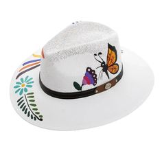 Otomí Hand-Painted Hats | Lolo Mexican Mercadito White Fedora For Festivals, White Fedora One Size Fits Most For Festivals, Handmade White Panama Hat With Short Brim, White Fedora For Festivals, One Size Fits Most, Custom White Hats For The Beach, Custom White Hat Bands For Beach, Artisan White Hat For Vacation, White Handmade Adjustable Panama Hat, Handmade White Hat Band For Spring