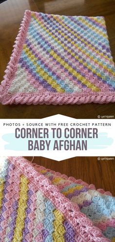 two crocheted baby afghans with text overlay that says, photos source with free crochet pattern corner to corner baby afghan