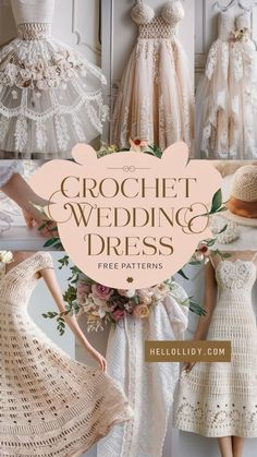 the crochet wedding dress pattern is shown in several different styles and colors, including white