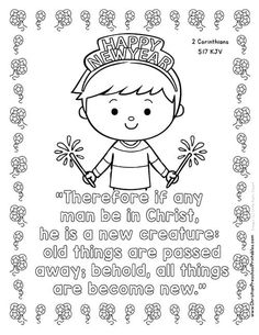 a coloring page for children with the words happy new year and a girl holding flowers