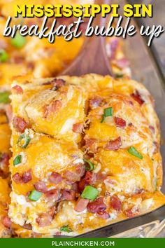 a casserole dish with cheese and bacon on top is shown in the foreground