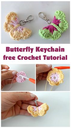 crochet butterfly keychain is shown with instructions to make it look like an ornament