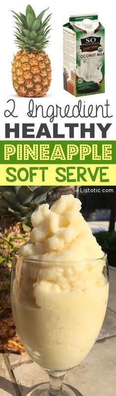 an advertisement for pineapple soft serve on the side of a glass with ice cream in it