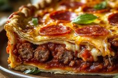 Deep Hamburger Sausage & Pepperoni Pie - recipestasteful Deep Dish Hamburger Pepperoni Pie, Deep Dish Hamburger Sausage And Pepperoni Pie, Deep Dish Pepperoni Pizza, Hamburger Sausage Recipes, Deep Hamburger Sausage And Pepperoni Pie, Cheese Burger Pie, Guy Food, Pizza Pie Recipe, Hamburger Pizza