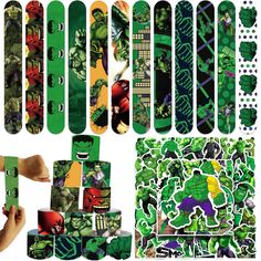 various skateboards and stickers with the hulk logo on them, all in different colors