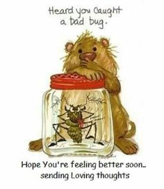 a greeting card with an image of a mouse in a jar and the caption reads,'hope you're feeling better soon sending loving thoughts