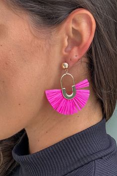 fuchsia fan shape raffia straw earrings Straw Earrings, Saved By The Dress, Fuchsia Color, Gorgeous Earrings, Gold Plating, Beautiful Earrings, One Size Fits All, Online Boutique, The Dress