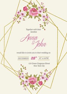 an elegant wedding card with pink flowers and gold geometric frame