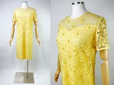 "Up for your consideration is this simply beautiful pale yellow dress in pretty good vintage condition from the 1960s. This dress has some rust stains on the inside lining. There are several loose threads and some missing beads. (dress is beaded front and back) There is a little bit of tearing on the mesh lining towards the top shoulder. Made by Baronessa Please be sure to see all photos, read all measurements, and ask any unanswered questions before purchasing! Measurements taken lying flat, no Pale Yellow Dresses, Pale Yellow, Mod Dress, Beaded Lace, Simply Beautiful, Yellow Dress, Lace Shorts, Dress Clothes For Women, Dress Outfits