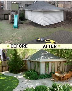 before and after photos of a backyard landscaping project