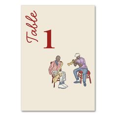 a card with two men sitting on chairs and the number one is in front of them