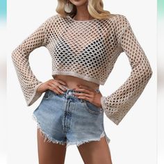 Kedera (Purchased On Amazon) Crochet Knit Crop Top Size Medium Long Sleeve Beige/Khaki Color Wide At Wrist Brand New - Never Worn Casual Fitted Crochet Top With Hollow Out Detail, Fitted Casual Crochet Top With Hollow Out, Casual Fitted Hollow Out Crochet Top, Trendy Knitted Crochet Top For Beach, Amazon Stretch Tops For Summer, Amazon Tops, Crochet Crop, Crochet Crop Top, Knit Crop Top