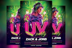 a flyer for a party with an image of a woman in purple and neon colors