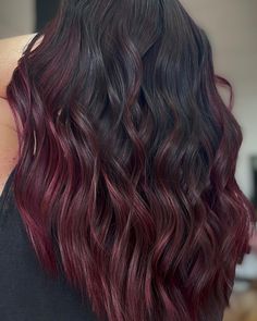 Cola Red Hair Color, Cherry Cola Hair Balayage, Cherry Coke Highlights On Black Hair, Cherry Red Peekaboo Hair, Cherry Coke Hair Color On Black Hair, Cherry Coke Highlights, Dark Hair With Cherry Cola Highlights, Hair Colour For Dusky Skin Tone, Cherry Cola Hair Color Balayage